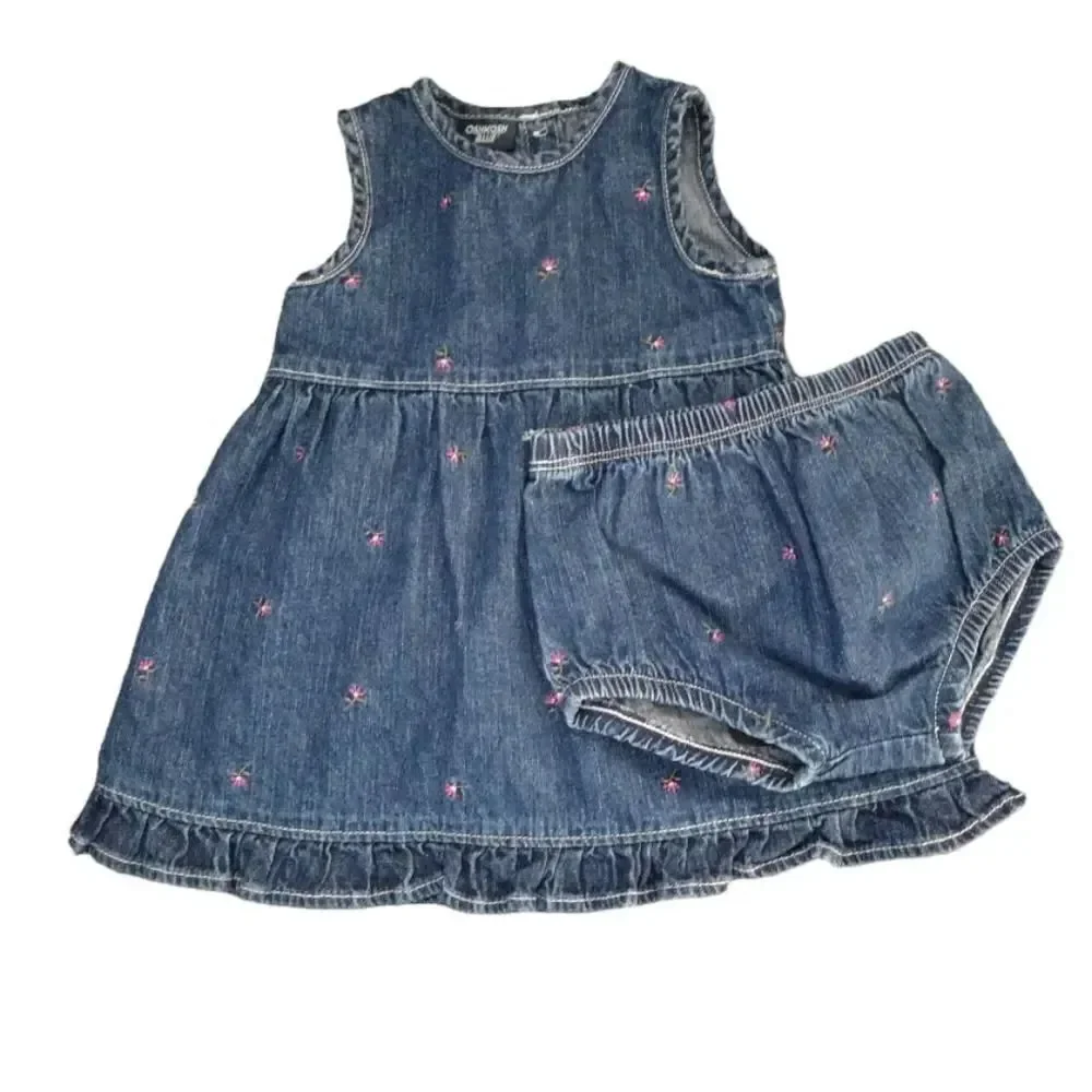 VTG OshKosh 2 Piece Floral Denim‎ Jean Jumper Dress Girl's 6-9mos
